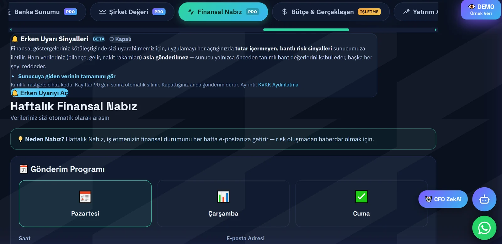 Finansal Nabız — haftalık özet e-postası ve erken uyarı ayarları