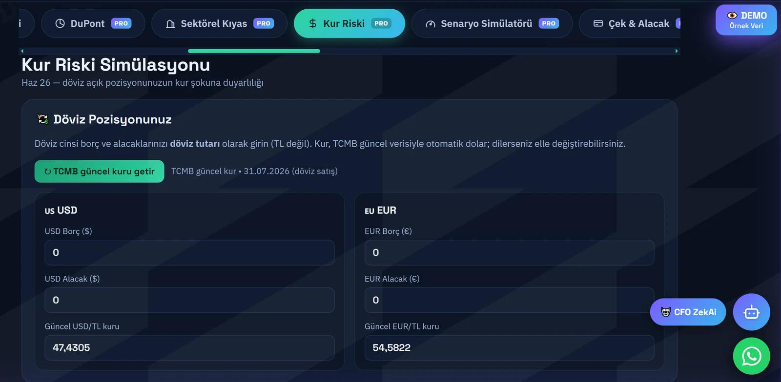 Kur Riski Simülasyonu — döviz açık pozisyonu ve şok senaryoları