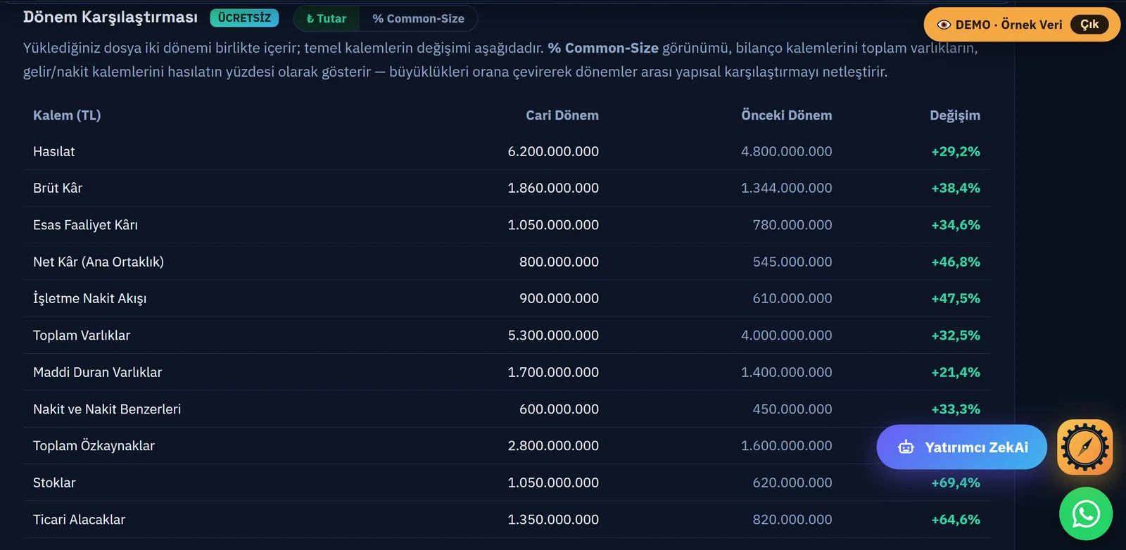 Dönem Karşılaştırması ve % Common-Size görünümü — örnek demo