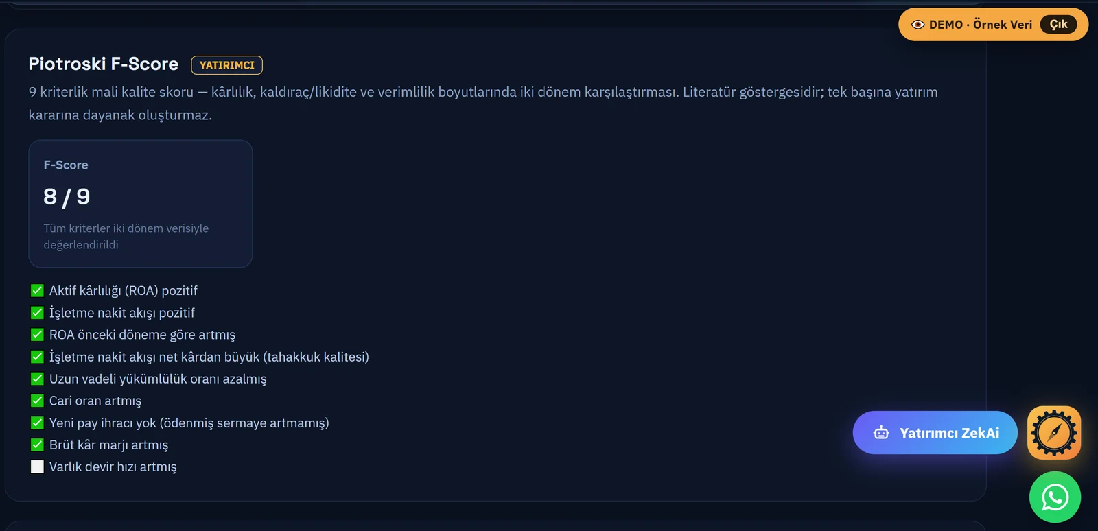 Piotroski F-Score 8/9 — dokuz kriterin ayrıntısı — örnek demo
